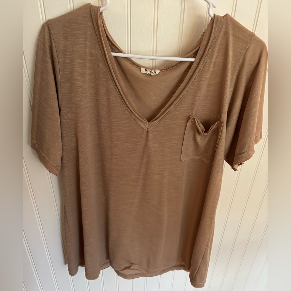EUC POL Tan Short Sleeve V-Neck Top